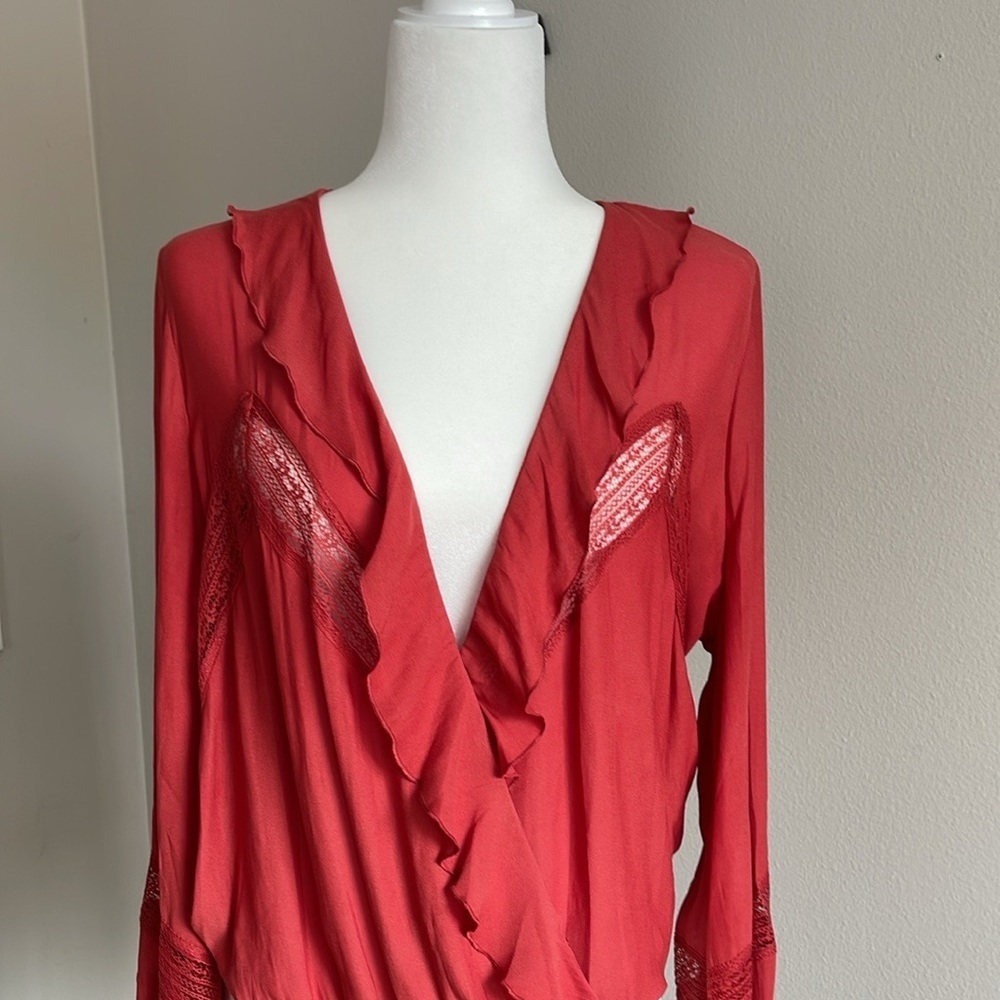Coral Pink Ruffled Long Sleeve Body Suit Size 2X